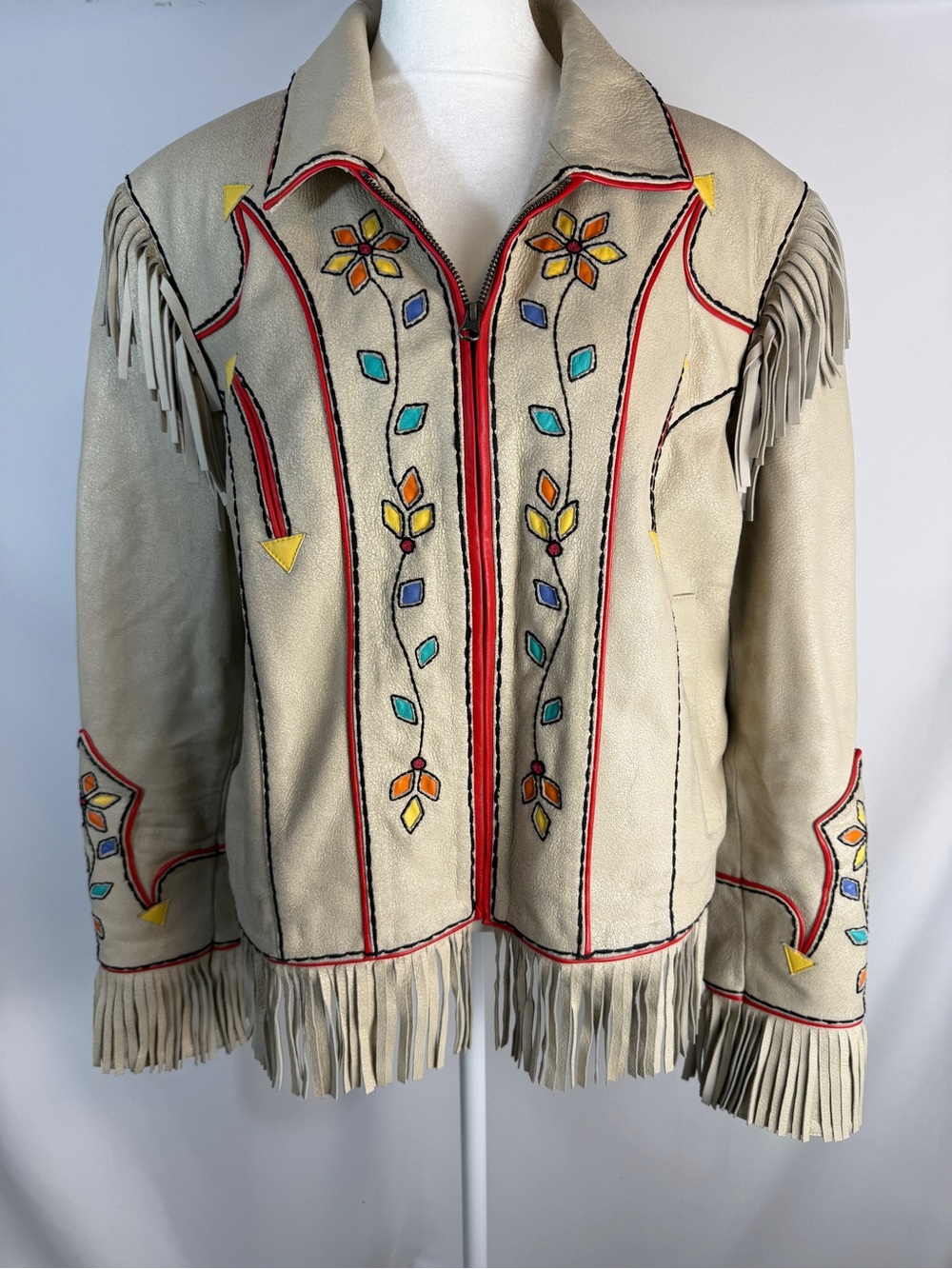Vintage Double D Ranch Beige Leather Fringe Jacket with Floral Appliqué